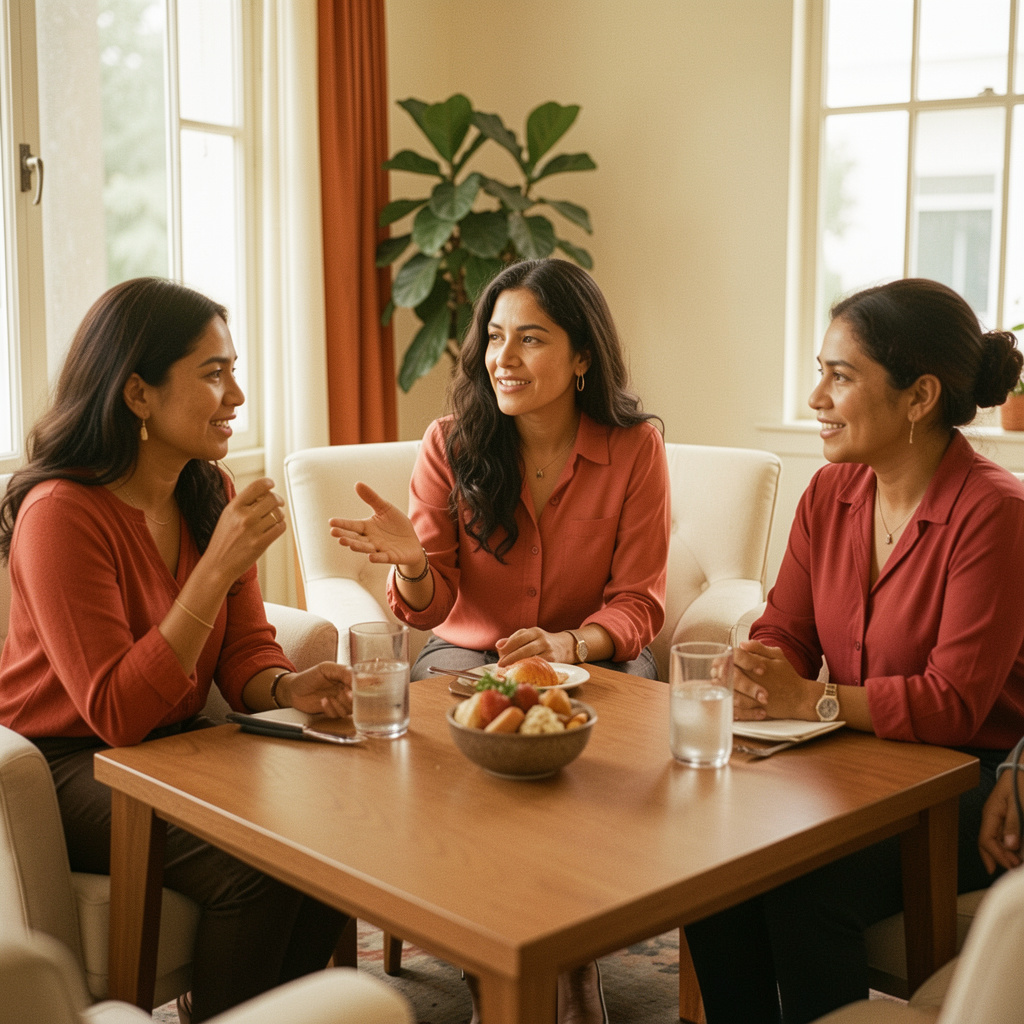 Mujeres compartiendo una conversación alrededor de una mesa