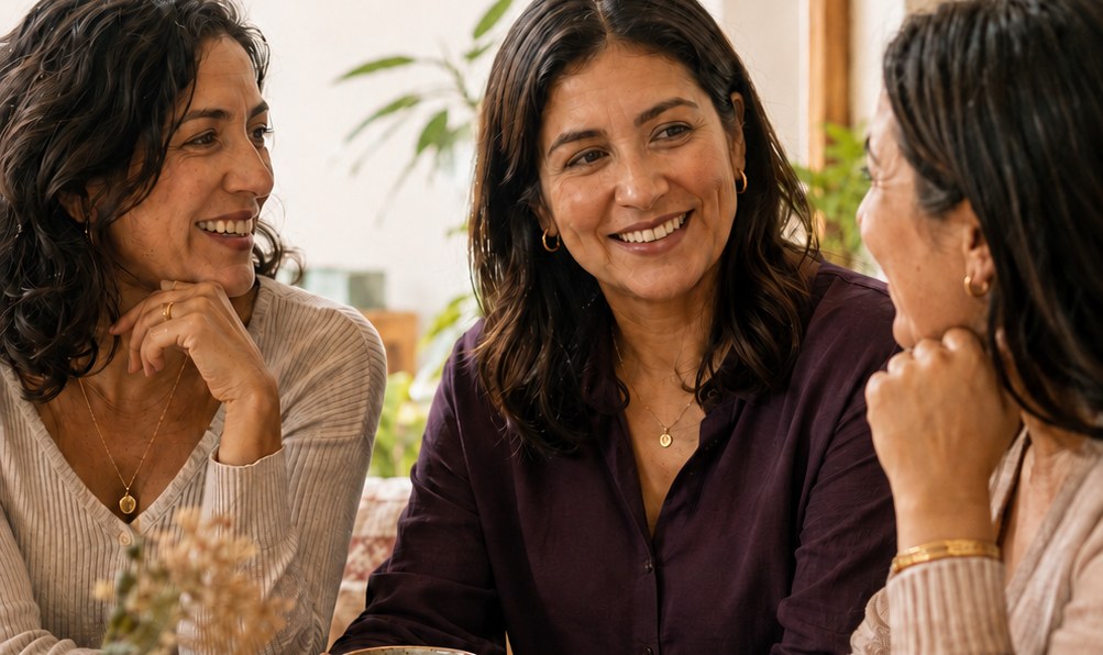 Tres mujeres conversando y sonriendo alrededor de una mesa, en un ambiente cálido y natural